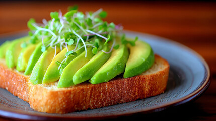 Avocado toast with sliced avocado and microgreens on brown bread  