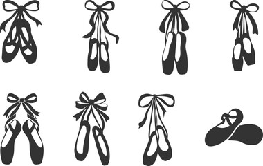 Ballet Shoes with Ribbon Laces Silhouette, Ballet Shoes with Ribbon Laces Clipart, Ballet Shoes Silhouette Set. © DesignLands 