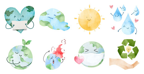 Naklejka premium PNG Cute eco-friendly watercolor illustrations element set on transparent background