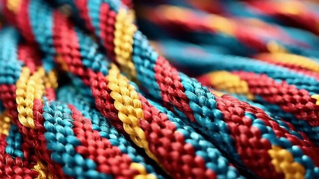 Close-up views show colorful rope twisted together. The bright colors blend and contrast, highlighting the texture and patterns. The focus is on the intricate details of the rope material.