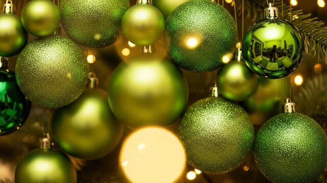 A close-up of a Christmas tree adorned with numerous green and gold ornaments and warm string lights