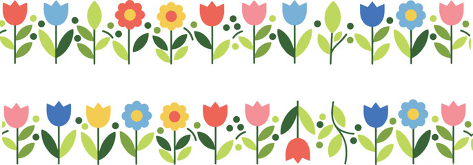 Seamless floral border collection with colorful spring flowers tulips and green leaves for decorative frame and greeting card design flat vector, © Jannatun
