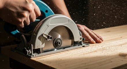 Carpenter using circular saw to cut wooden plank in workshop. Professional builder performing construction task with electric power tool. Skillful woodworking and manual labor concept.