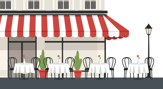 Charming Parisian Cafe Terrace with Red and White Awning.