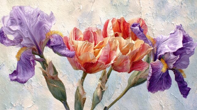 Double Tulips and Light Purple Irises Floral Composition Dry Brush