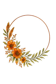 Elegant floral wreath design with autumnal leaves and sunflowers in a circular arrangement isolated on transparent background