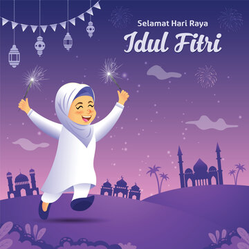 cartoon muslim girl in traditional clothes jumping and playing with firecracker celebrating eid mubarak in the night.Selamat hari raya Idul Fitri is another language of happy eid mubarak in Indonesia