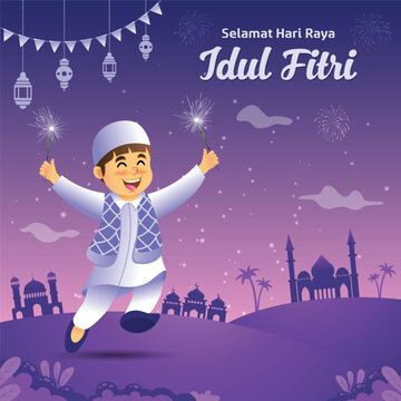 cartoon muslim boy in traditional clothes jumping and playing with firecracker celebrating eid mubarak in the night.Selamat hari raya Idul Fitri is another language of happy eid mubarak in Indonesian