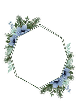 Elegant floral wreath design with blue and purple flowers in a hexagonal frame isolated on transparent background