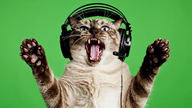 Funny screaming cat wearing headphones on green screen, excited pet DJ reacting in slow motion
