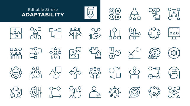 Adaptability. Set of outline icons. Adaptive, flexible, ability, agility, efficiency, integration, coping strategy, apid adaptation and more. Line icon in linear style. Vector collection	

