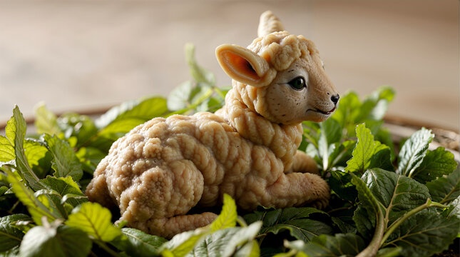 Easter lamb figurine made of dough or wax on mint leaves &mdash; symbol of the Lamb of God and spiritual purity in festive setting
