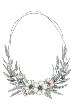 Elegant floral wreath design with delicate flowers and greenery isolated on transparent background