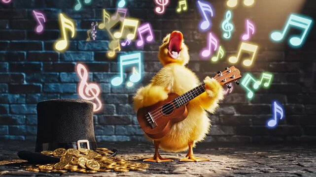 Adorable duckling street performer playing ukulele with neon music notes and gold coins for whimsical music promotions.
