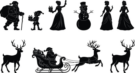 Christmas silhouette collection, Santa Claus elf snowman reindeer sleigh holiday characters set, festive winter vector illustration design © MstJesmin