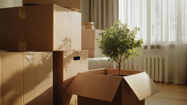 Cardboard boxes stacked in a modern living room with a small tree in an open box, slow motion shot, symbolizing new beginnings and home organization