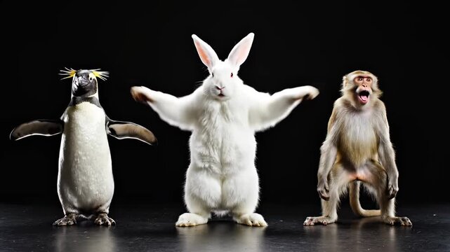 Diverse animal group featuring a penguin, white rabbit, and monkey standing against a black background for educational content.