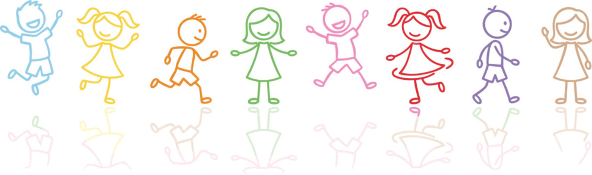 Happy children stick figure doodle set, colorful kids drawing characters, playful childhood cartoon illustration, fun school activity design