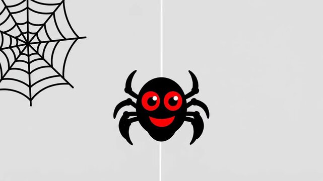 Cute Cartoon Spider Animation hanging from a thread next to a spider web on a gray background perfect for Halloween content and children's educational videos.
