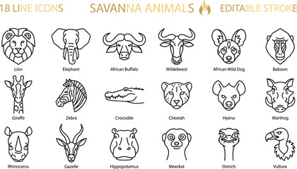 Savanna animals line icon set, African wildlife outline collection, lion elephant zebra cheetah safari editable stroke vector illustration © MstJesmin