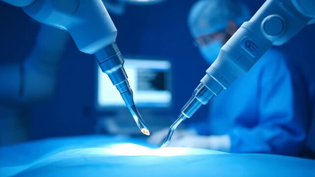Robotic surgery with surgeon working in background. Advanced medical procedure using robotic system for precise incision and operation.