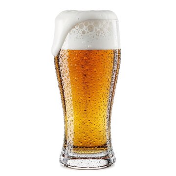 a tall glass filled with golden beer and topped with a generous amount of white foam, against a plain white background