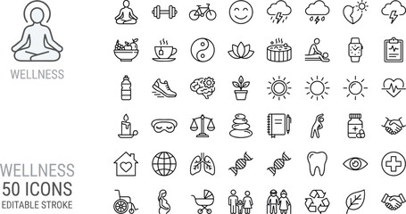 Wellness line icon set, health lifestyle symbols collection, meditation fitness nutrition medical care editable stroke vector illustration pack