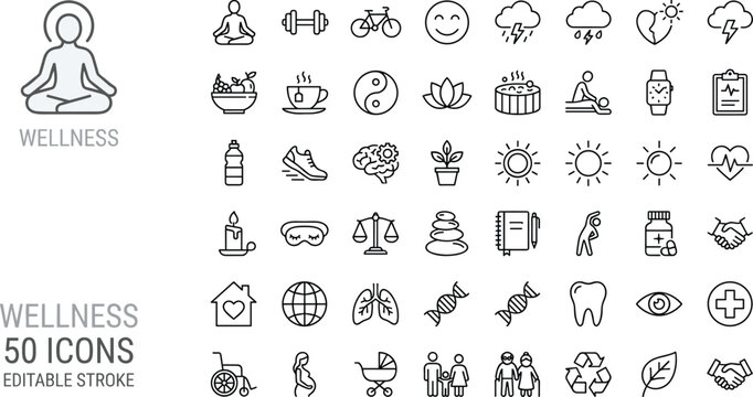 Wellness line icon set, health lifestyle symbols collection, meditation fitness nutrition medical care editable stroke vector illustration pack
