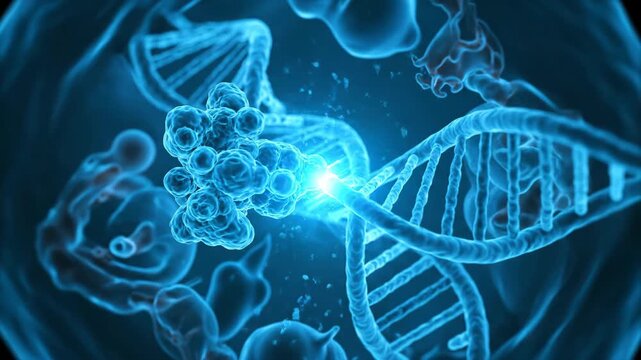 Blue DNA helix with an interaction point. Genetic research, molecule study and gene engineering in a microscopic view.