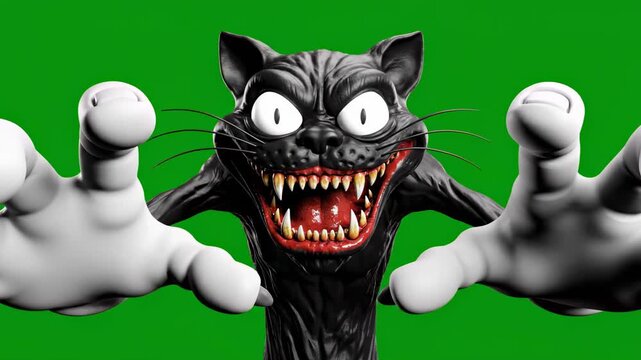 Spooky Cartoon Cat Character with Sharp Teeth and White Gloves on Green Screen for Horror Video Production.
