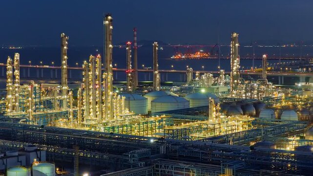 Night view of large petrochemical refinery and chemical plant featuring illuminated distillation towers and storage tanks.
