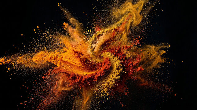An energetic explosion of vibrant red, orange, and yellow spices frozen in mid-air against a solid black background, creating a dynamic, colorful cloud of fine powder.