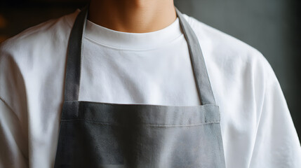 Culinary Craftsmanship: A chef dons a minimalist, grey apron against a backdrop of a simple t-shirt. It reflects the dedication to the culinary arts.