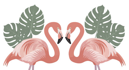 Obraz premium Tropical Flamingo Love Birds Illustration Forming a Heart Shape with Exotic Leaves