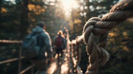 Obraz premium Close up of thick rope knot on suspension bridge with blurred business executives hiking through sunny forest, concept for corporate team building, leadership development and professional strength