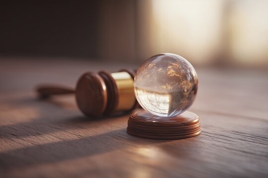 Transparent crystal ball on stand with blurred judge gavel on table in warm sunlight, concept for legal outcome prediction, judicial future forecasting and litigation strategy planning