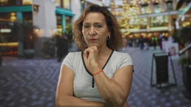 Woman with hand on chin standing on urban street with blurred colorful shopfronts; deep contemplation.