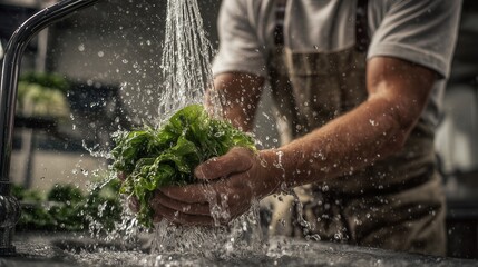 Executive chef washing fresh green lettuce leaves under running water in professional restaurant kitchen, concept for food safety, culinary hygiene and organic vegetable preparation