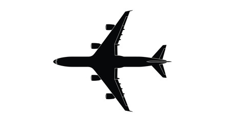 An overhead view of a large passenger airplane silhouetted against a white background