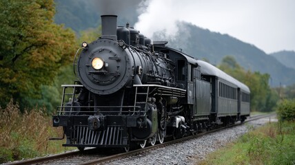 Vintage steam locomotive on scenic countryside railway