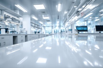 Obraz premium Modern empty laboratory interior with clean white tables and advanced equipment in sterile research facility, concept for pharmaceutical development, scientific research and clinical testing