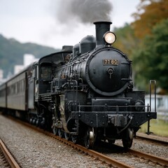 Obraz premium Vintage steam locomotive on railway track in scenic landscape
