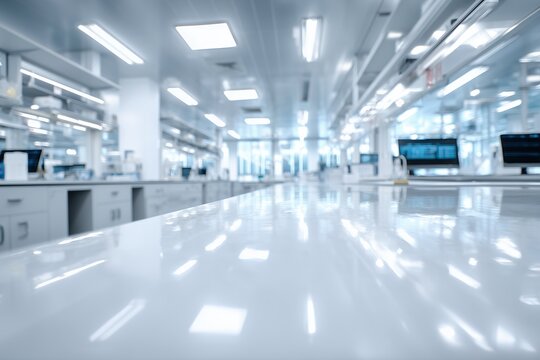 Modern empty laboratory interior with clean white tables and advanced equipment in sterile research facility, concept for pharmaceutical development, scientific research and clinical testing