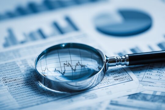 Magnifying glass focusing on financial documents with complex charts and numerical data in blue tone, concept for financial audit, market research and professional business data analysis