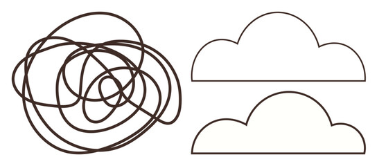Creativity, decision-making, brainstorming, abstract design, minimalism, art concepts. Chaotic scribble next to two cloud outlines. Creativity and decision-making visuals in abstract design © robu_s