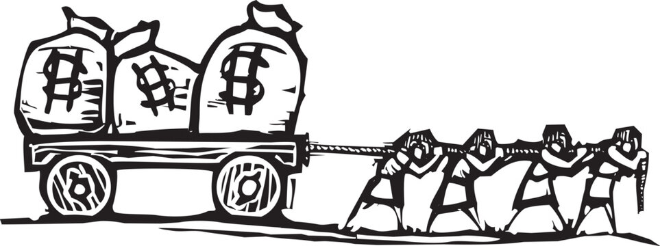 Woodcut style image of people dragging sacks of money loaded on a cart
