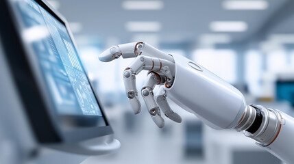 Advanced robot interaction in a futuristic lab environment with a glowing high-tech digital display, side view AI concept, defocused tech lab, advanced lab robot, futuristic AI