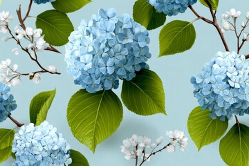 Blue hydrangeas and white blossoms seamless pattern