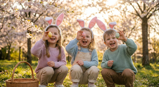Three happy children wearing bunny ears holding colorful Easter eggs for celebrating Easter Day