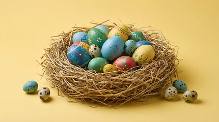 Obraz premium Easter celebration With Colorful decorated Easter eggs in straw nest on yellow background